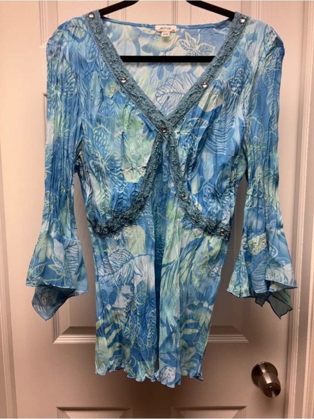 Blue Floral Beaded Sheer Blouse Top Size XL